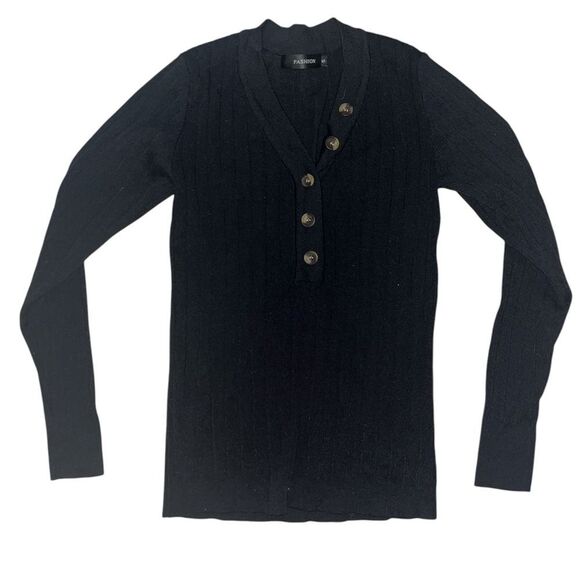 Black Ribbed Long Sleeve Top with Button Detail - Picture 1 of 3